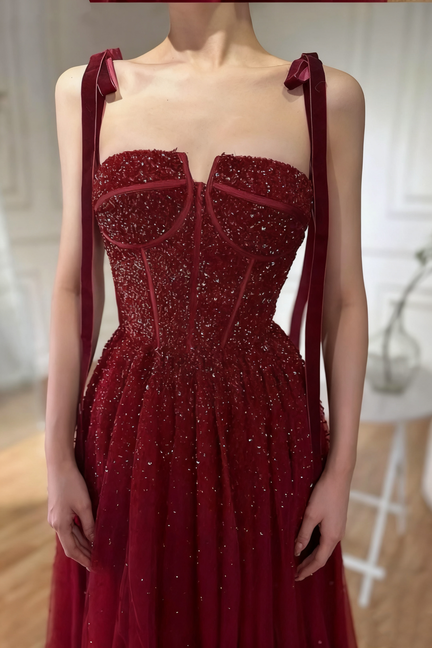 NiceVestidos--Burgundy Tulle Exquisite Sequins Sparkling Long Prom Dress Ball Gown NV5841