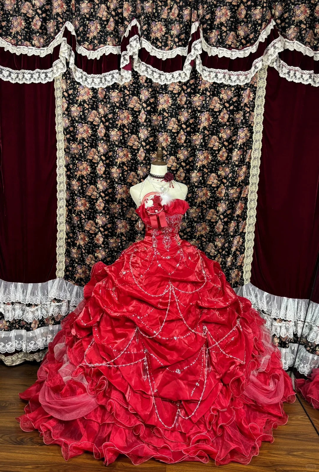 Red floral beaded princess long satin ball gown evening dress quinceanera dress nv4650