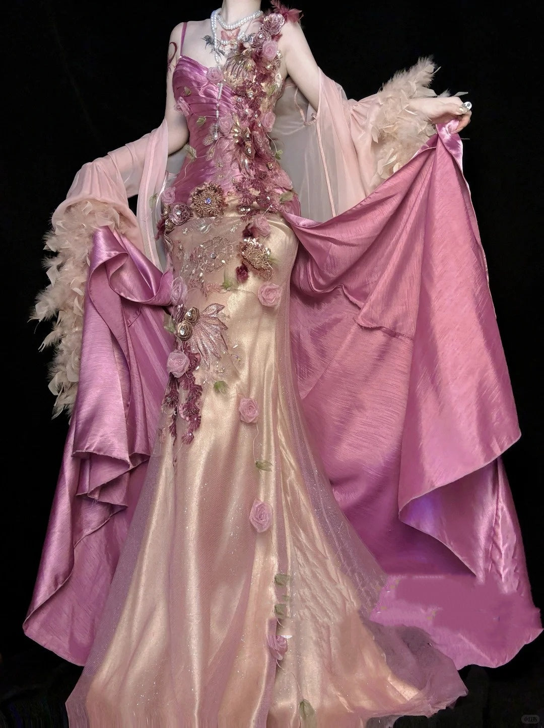 🌸Pink and purple floral beaded long satin ball gown evening dress fairy dress nv4433