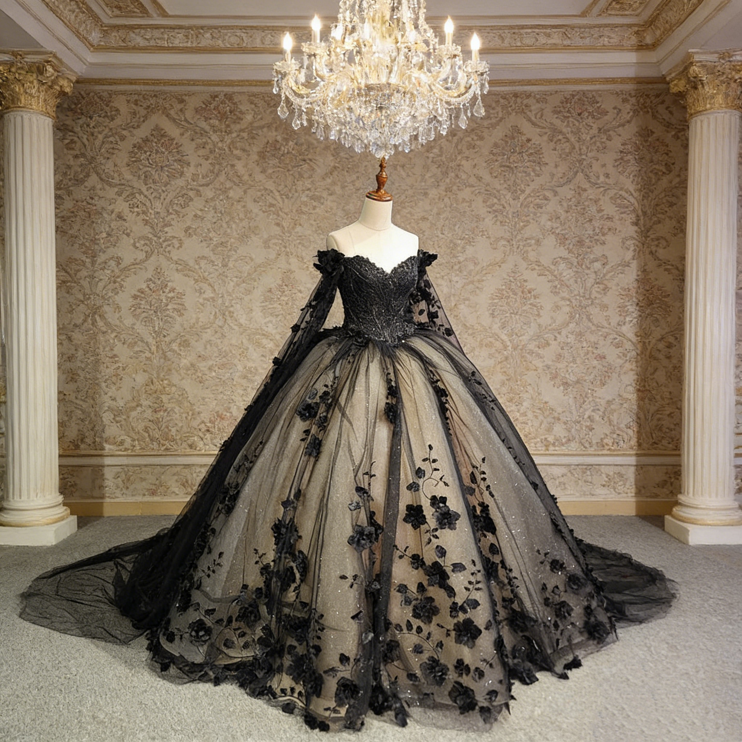 Robe de mariée à traîne contrastée en dentelle noire et blanche - Style gothique NV6777