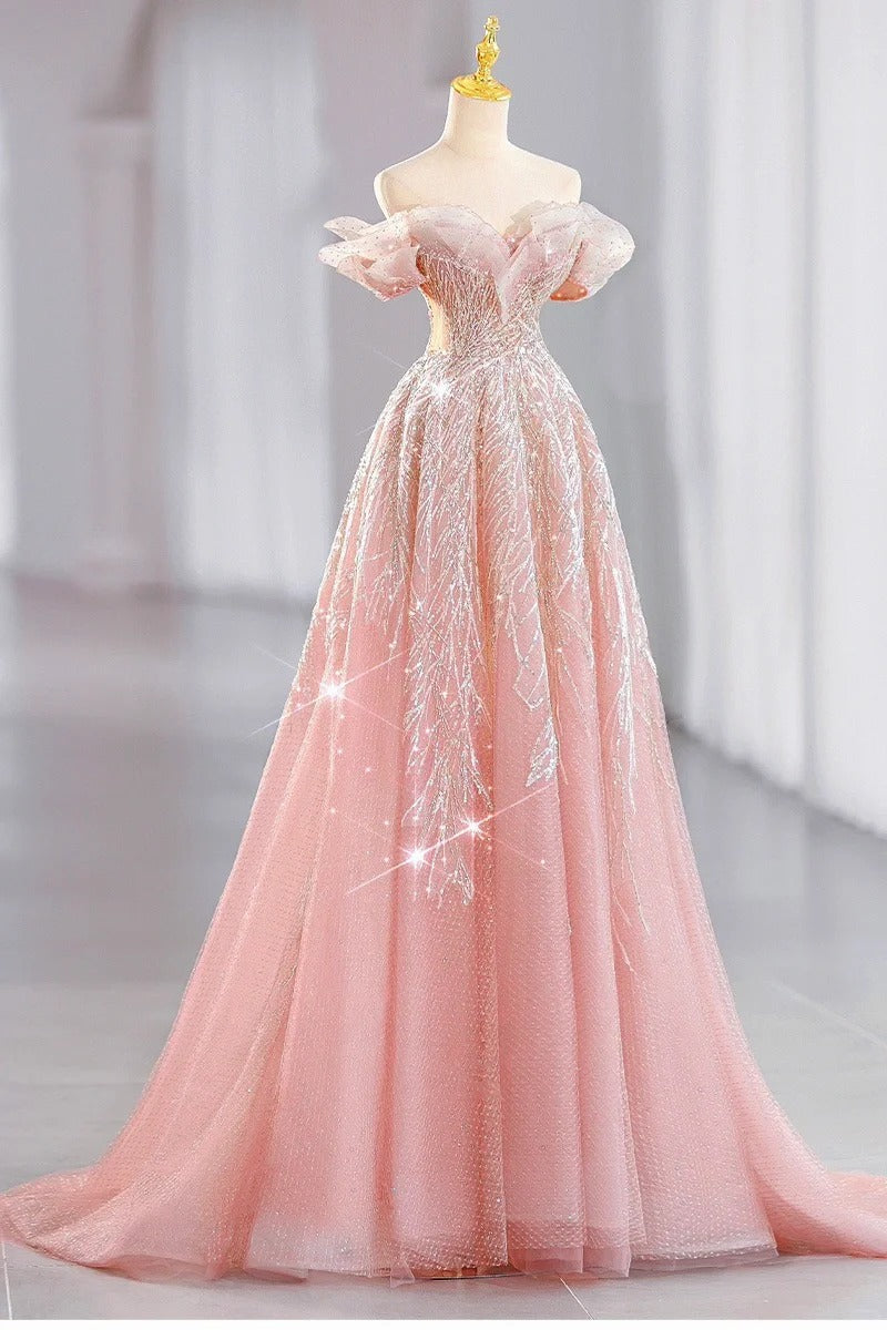 Pink Sparkling Elegant Long Tulle Ball Gown Evening Dress nv4227
