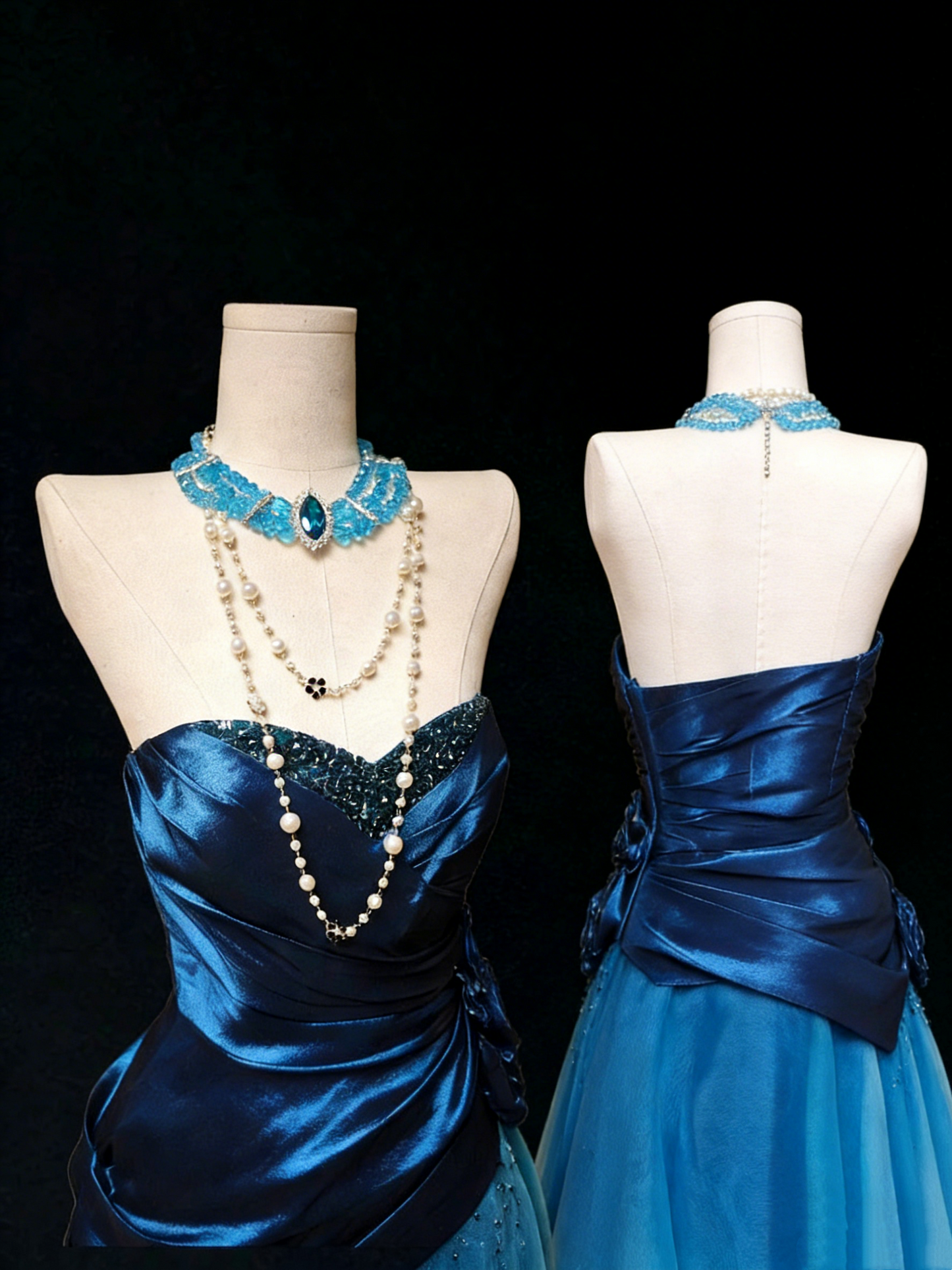 Faites sensation ! Robe bustier bleu roi en satin, ourlet en tulle perlé, pièce indispensable pour vos soirées NV6835