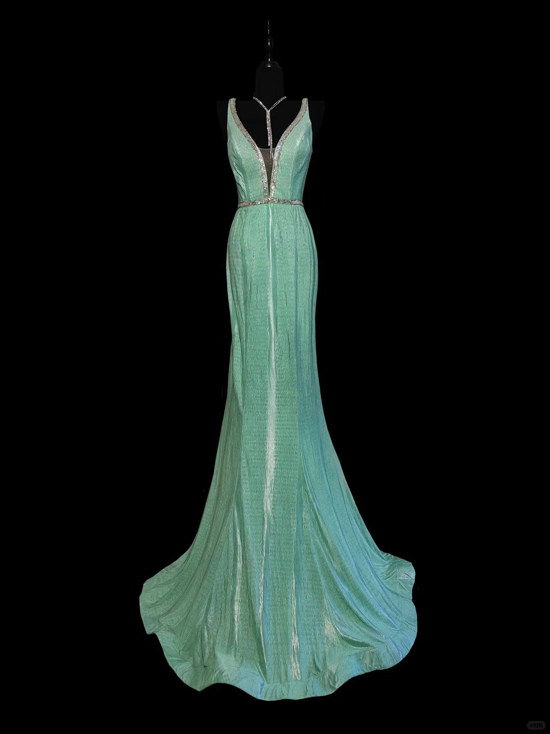 Mint Green Fashion Elegant V-neck Long Mermaid Slim Fishtail Skirt Satin Floor Length Train Ball Gown Evening Gown Party Dress Prom Dress nv3861