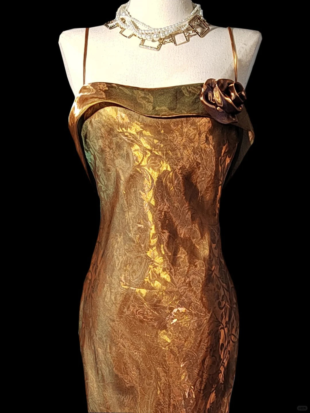 Golden green gorgeous fashionable elegant dark pattern long spaghetti straps satin mermaid tail prom dress evening dress birthday party dress prom dress nv3968