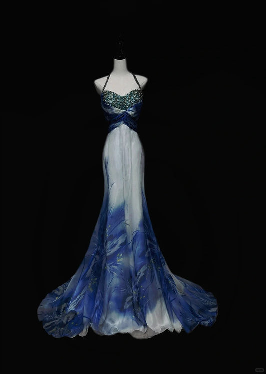 Blue Gorgeous Elegant One Shoulder Beautiful Exquisite Floral Beaded Long Floor Length Tulle Chiffon Ball Gown Evening Gown Party Dress Prom Gown nv3985