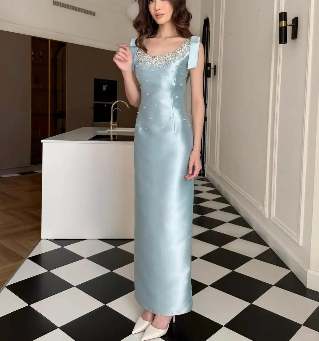 Light Blue Exquisite Beading Long Satin Ball Gown Evening Dress Party Dress nv4170