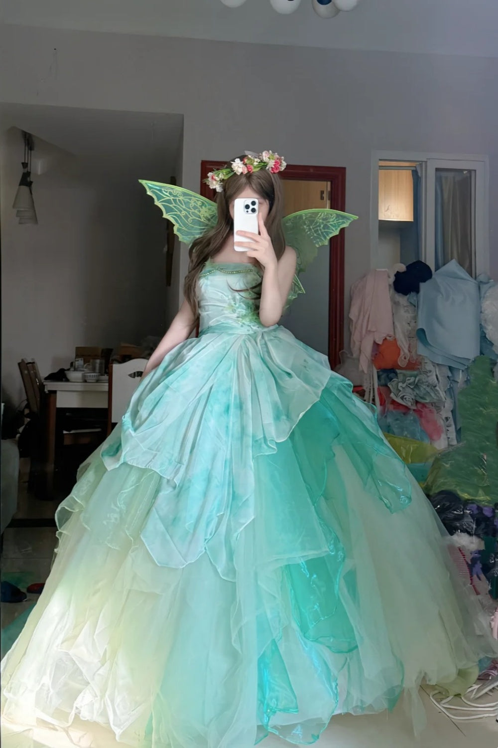 Robe de bal féerique en tulle dégradé avec ailes, style elfe des bois NV6571