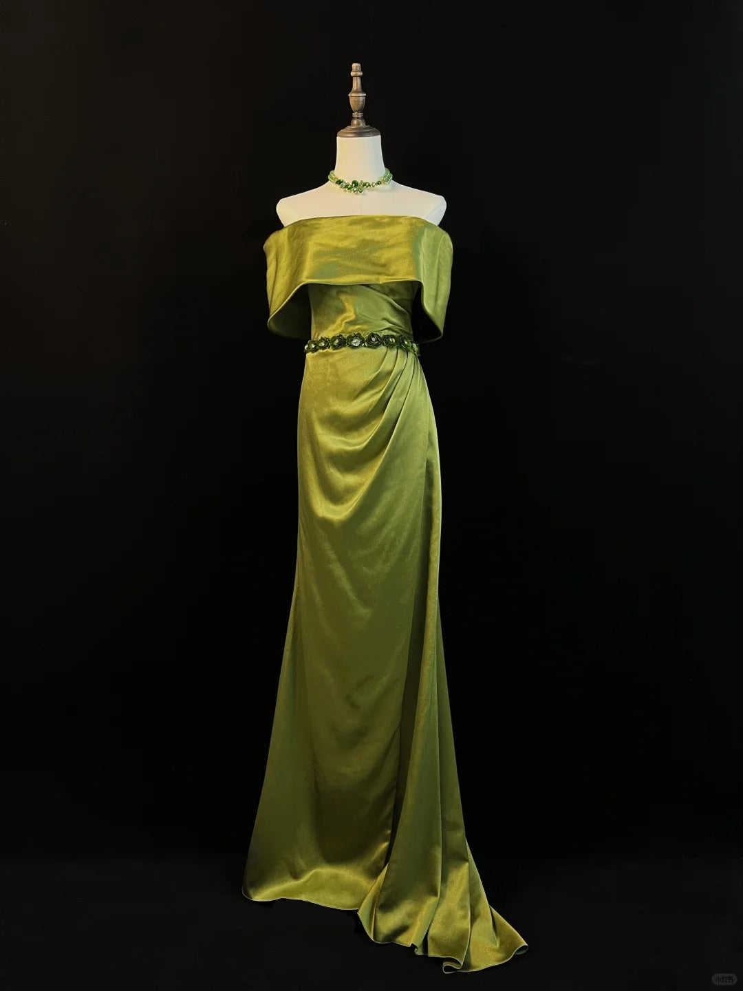 Olive Green Beaded Satin Long Ball Gown Evening Dress nv4274