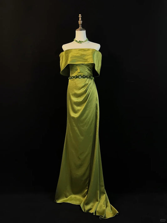 Olive Green Beaded Satin Long Ball Gown Evening Dress nv4274
