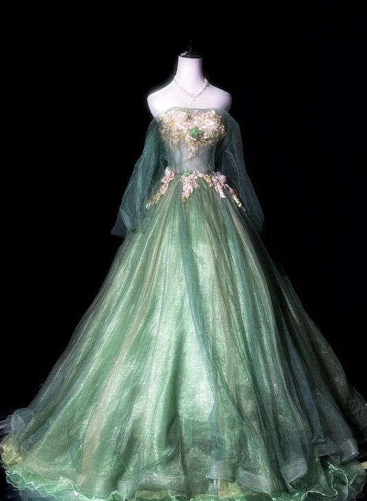 Green Delicate Floral Long Tulle Ball Gown Evening Gown Graduation Gown Adult Ceremony Gown nv4191