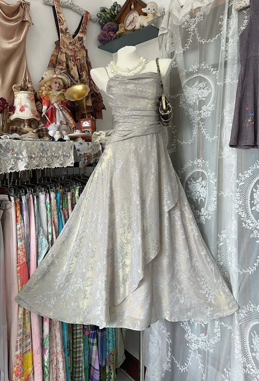 Gray Vintage Long Satin Prom Gown Evening Dress Party Dress nv4364