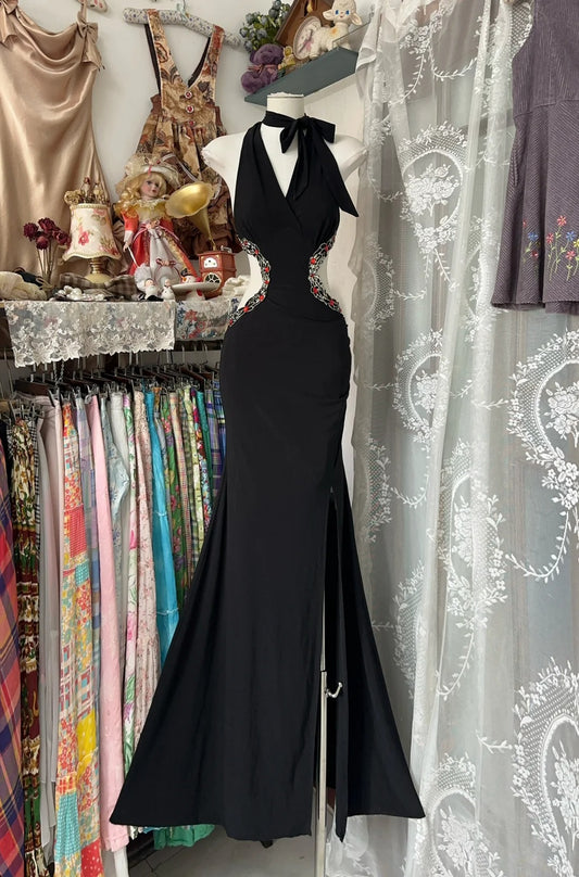 Black Beaded Vintage Long Satin Off-Waist Prom Gown Evening Gown Party Dress nv4367