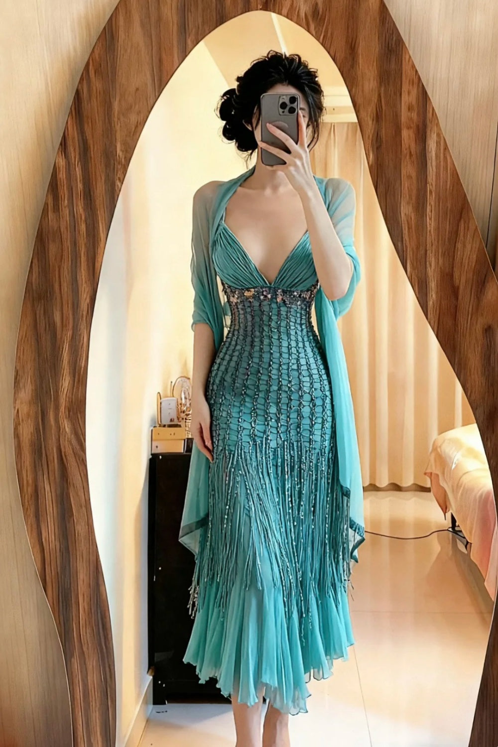 NiceVestidos - Robe de soirée élégante bleue ornée de délicates perles. NV5982