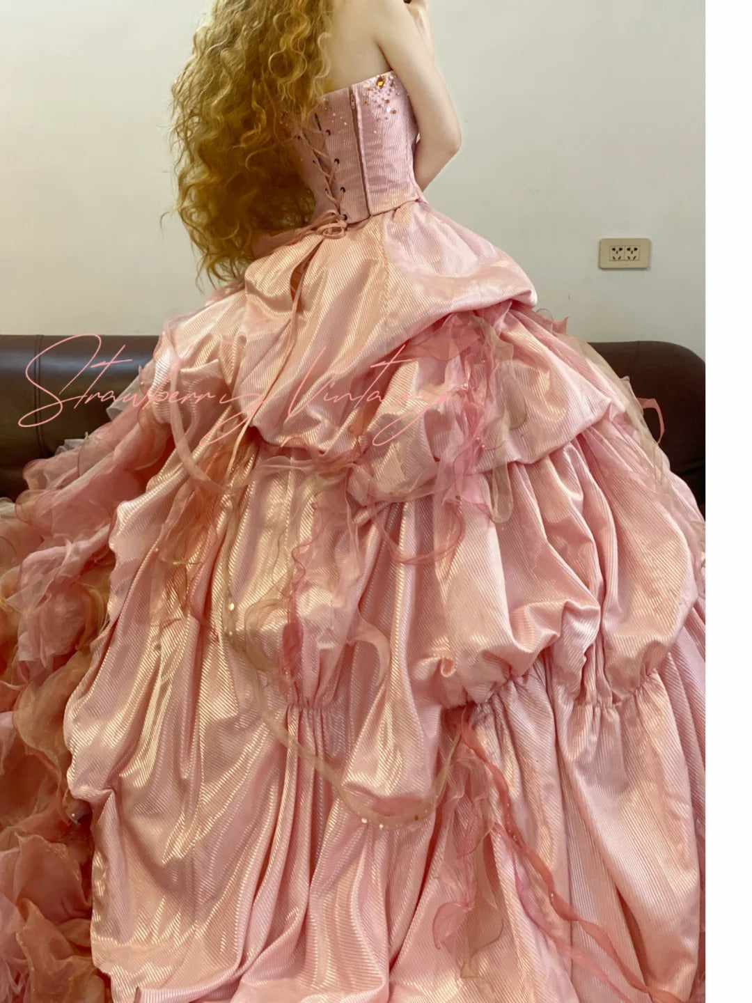 Pink Beaded Vintage Elegant Long Princess Satin Ball Gown nv5031