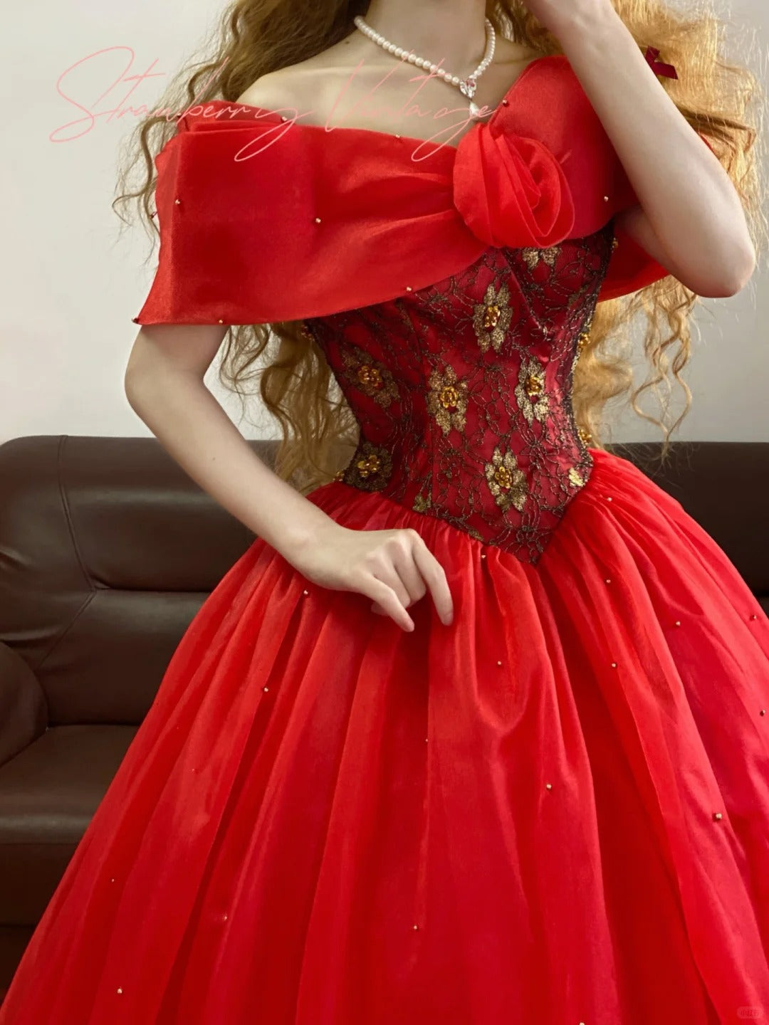 Red Vintage Elegant Floral Long Tulle Princess Ball Gown nv5008