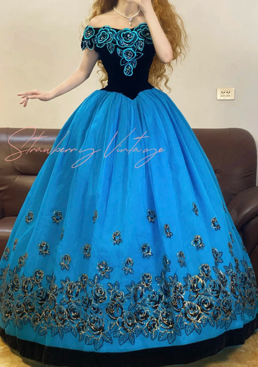 Blue Floral Vintage Elegant Long Princess Tulle Ball Gown nv5026
