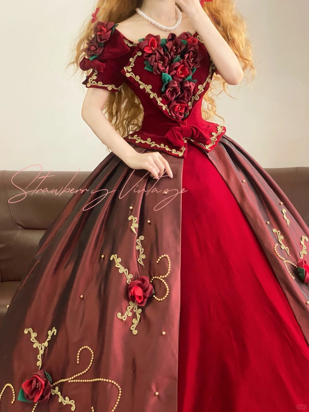 Burgundy Vintage Elegant Floral Long Satin Princess Ball Gown nv5006