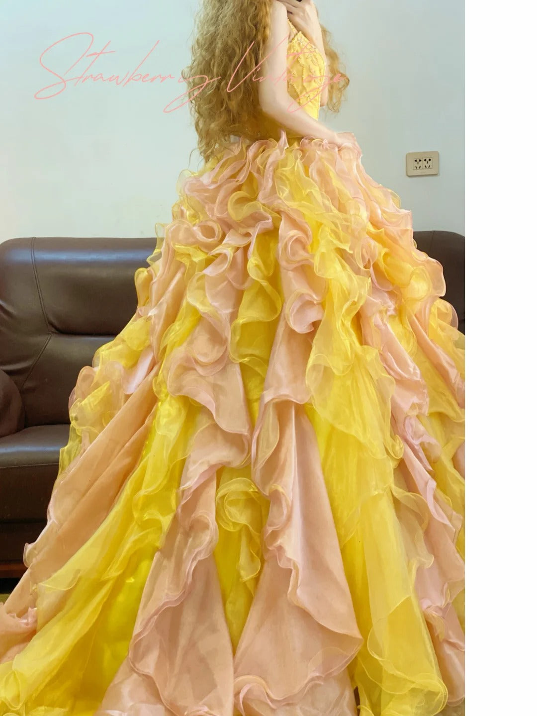 Yellow Beaded Gradient Long Tulle Ball Gown Princess. nv5079