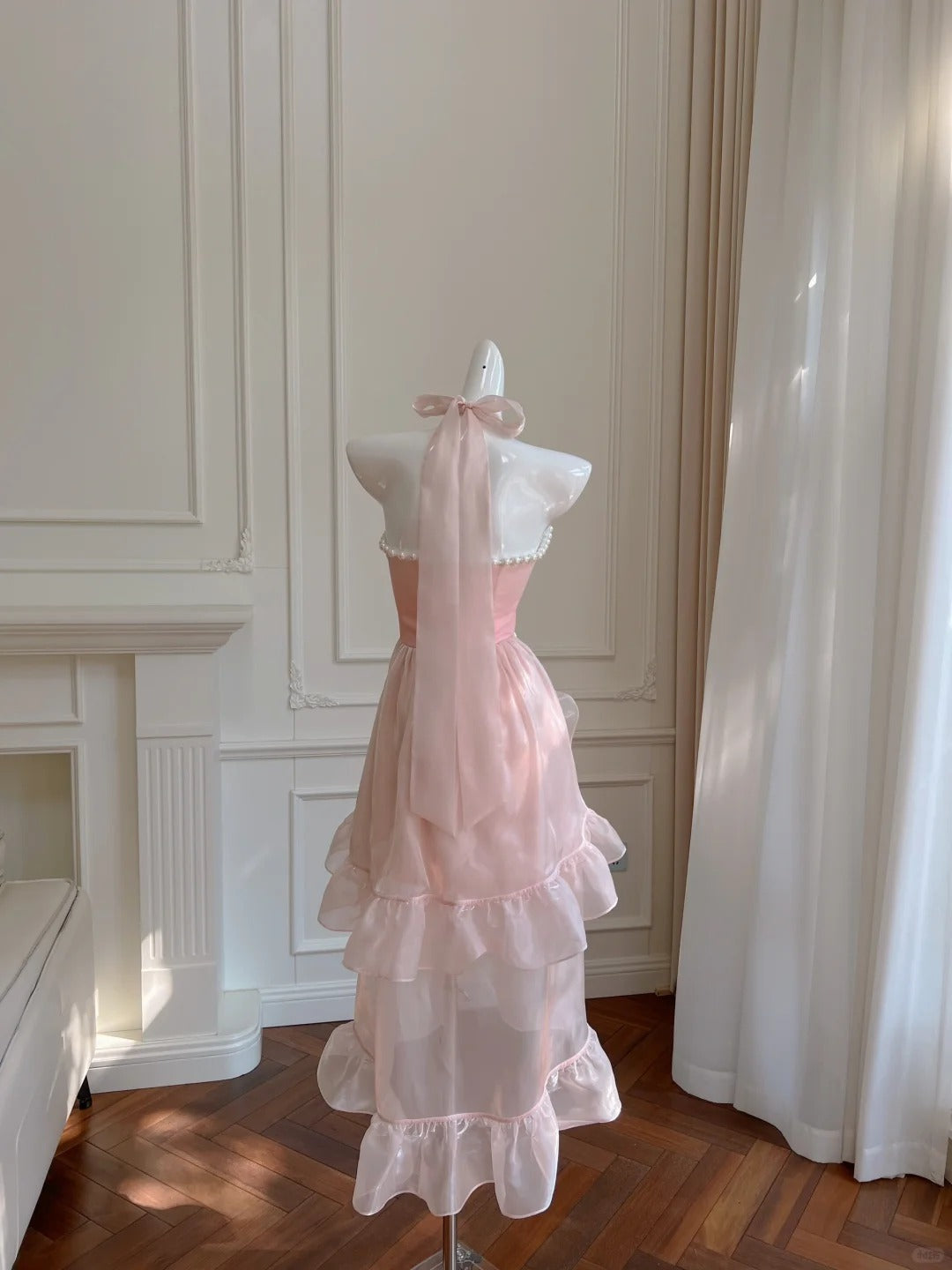 Pink Beaded Halter Elegant Long Ruffle Chiffon Ball Gown Evening Dress Party Dress nv4186