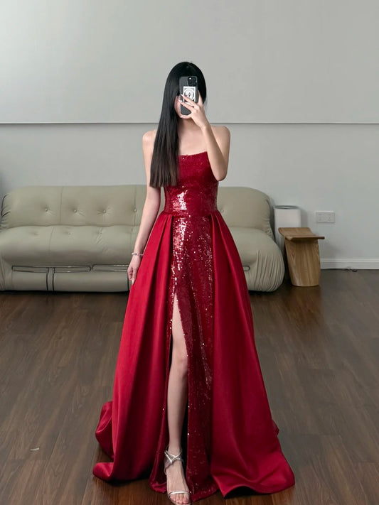Burgundy Shiny Elegant Long Satin Floor Length Ball Gown Evening Dress Party Dress nv4188