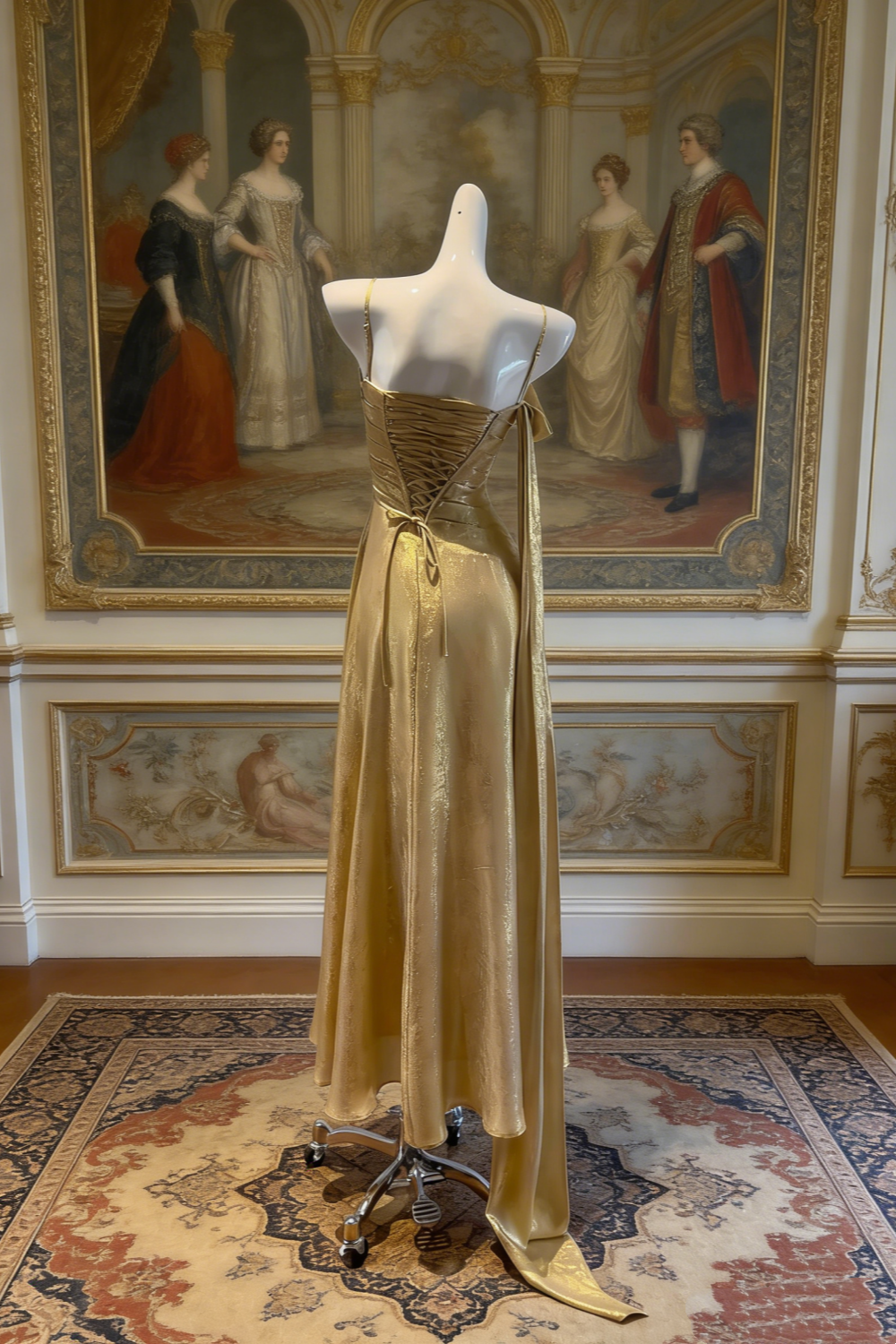 Robe longue asymétrique de luxe à fines bretelles spaghetti en tissu stretch doré scintillant - NV6786
