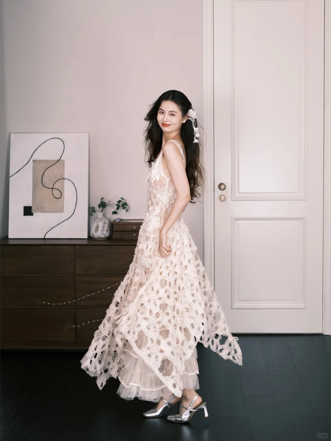 Spaghetti Strap Bohemian Lace Wedding Dress, Cutout Floral Bridal Gown NV7289