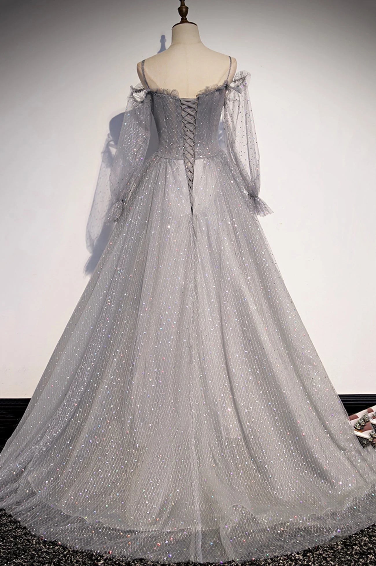 Gray Tulle Sequins Long A Line Prom Dress Evening Dress Long Prom Dress, Long Sleeve Evening Dress nv1727