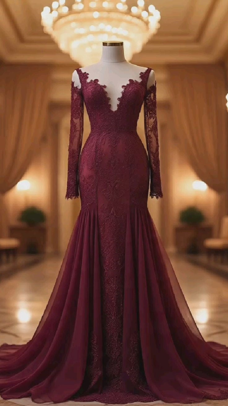 Robe de bal à manches longues en dentelle délicate bordeaux NiceVestidos NV6130
