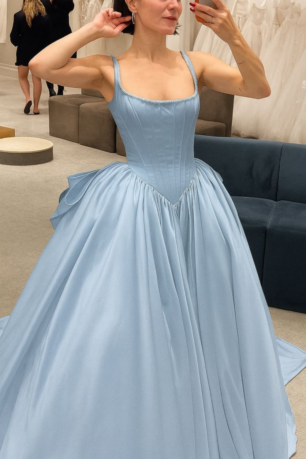 NiceVestidos - Robe de bal longue en satin bleu, simple et tendance, décolleté carré, robe de mariée, NV5839