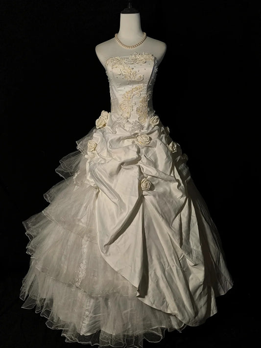 Ivory Elegant Long Satin Floral Ball Gown Evening Dress Wedding Dress nv4185