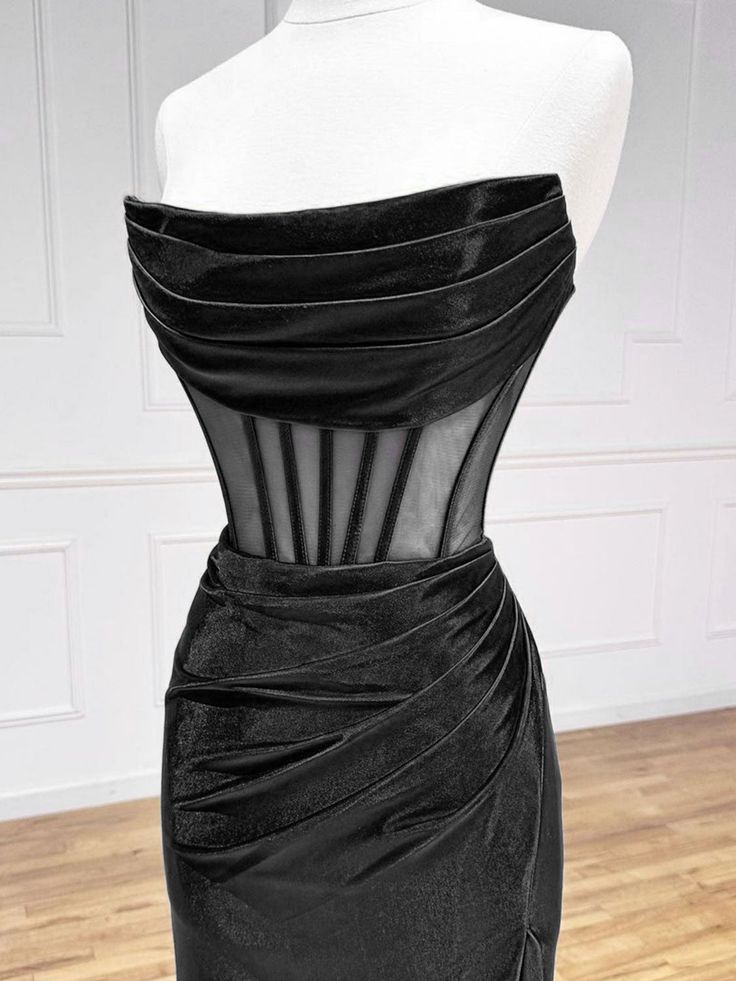 Schlichtes und elegantes schulterfreies schwarzes langes Ballkleid aus Satin, Abendkleid NV2752