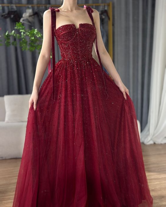 Rotes, glänzendes Pailletten-Spaghettiträger-Kleid mit Schleife, langes Ballkleid, Abendkleid, NV2732