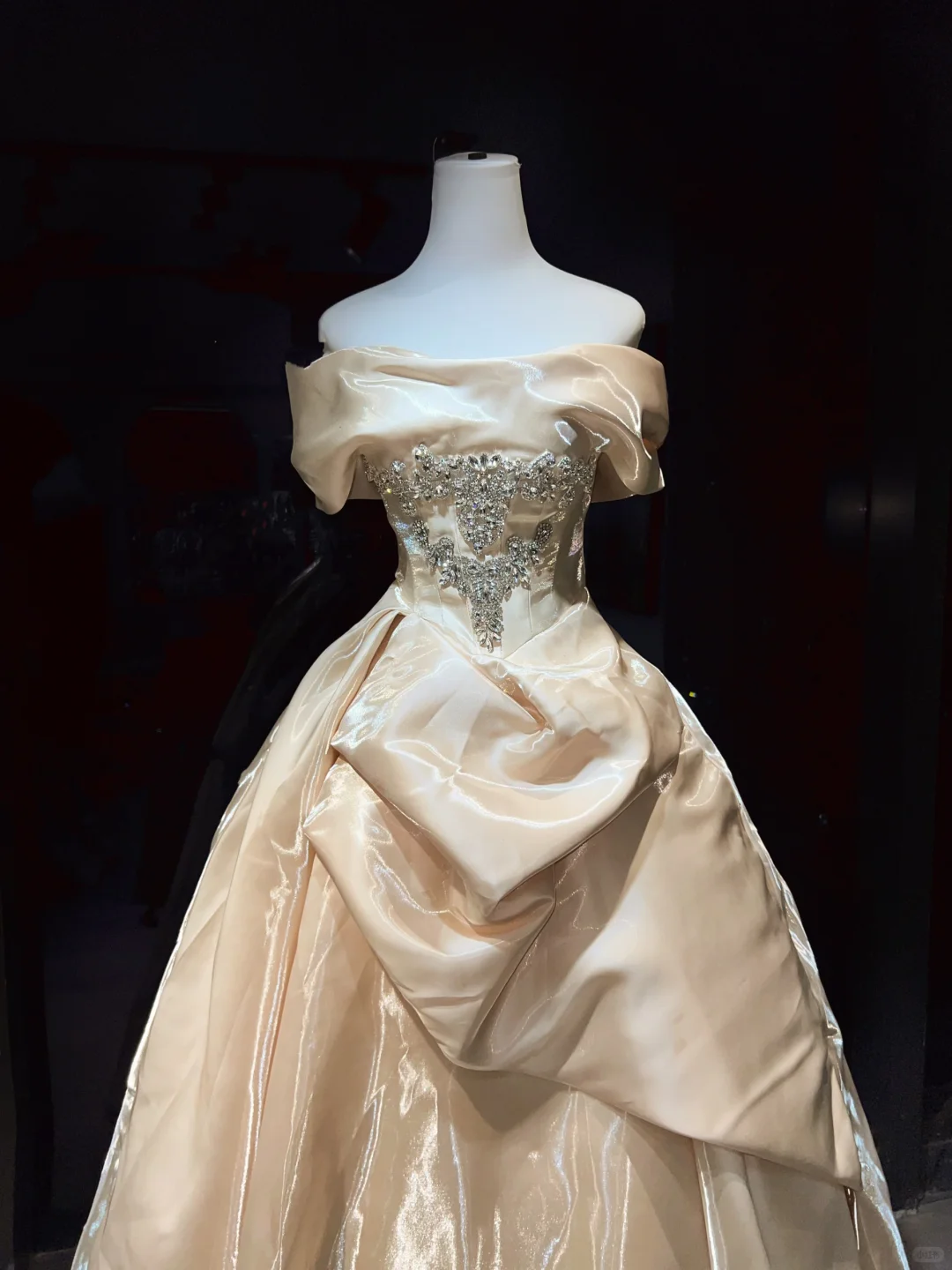 Off Shoulder Champagne Satin Ball Gown Rhinestone Beaded Draped Skirt Long Formal Prom Wedding Dress NV6979