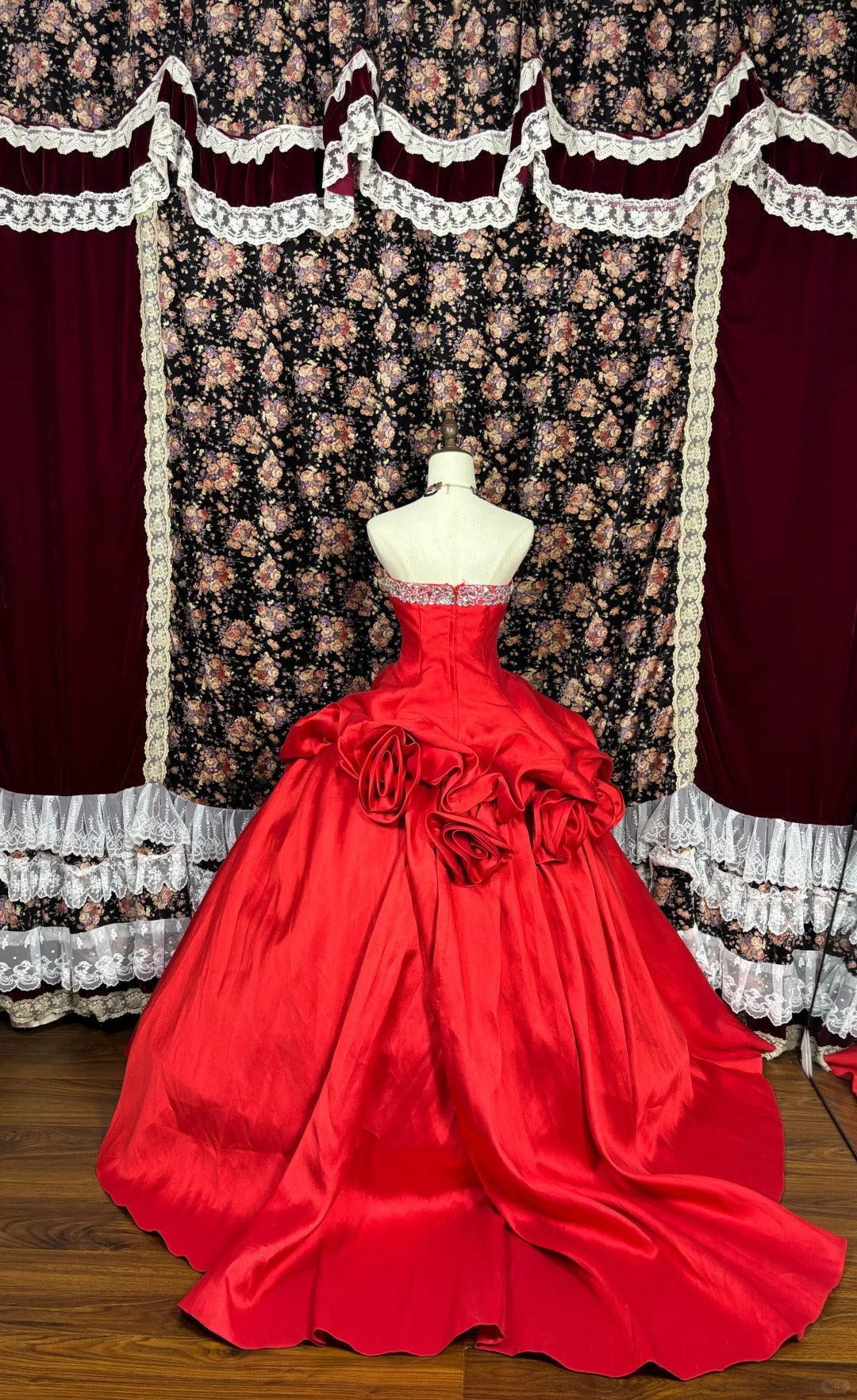 Red floral princess long satin ball gown evening dress quinceanera dress nv4653