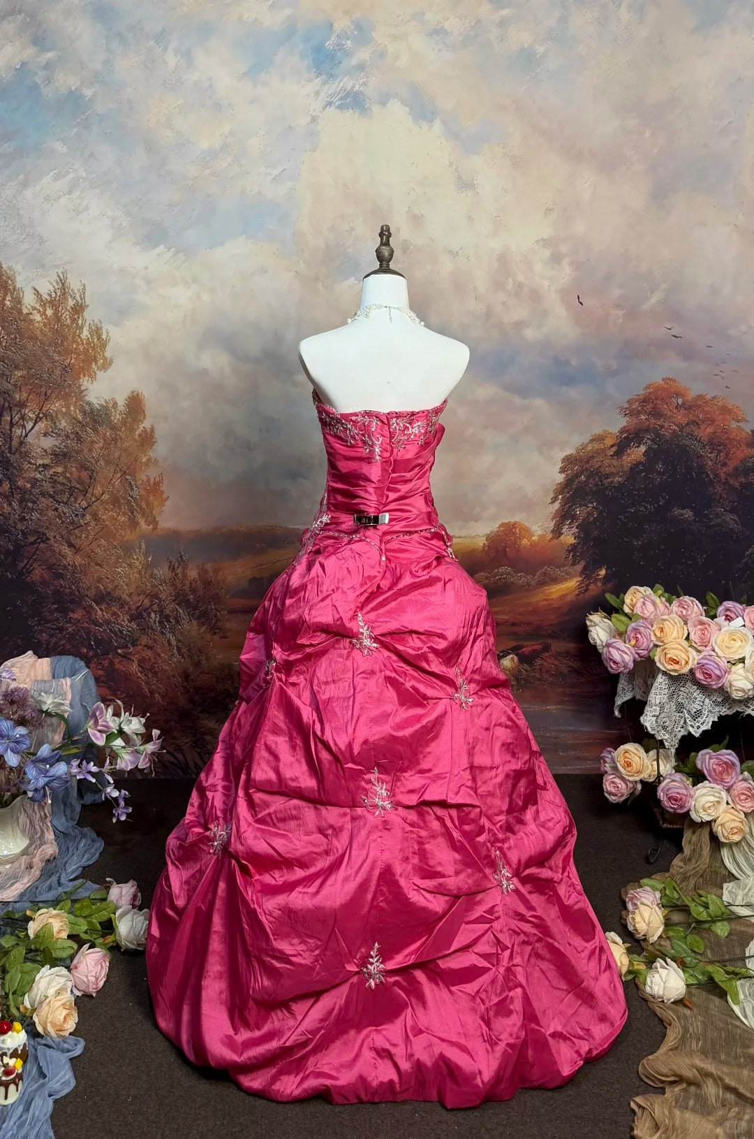 Rose Red Beaded Long Satin Ball Gown nv5143
