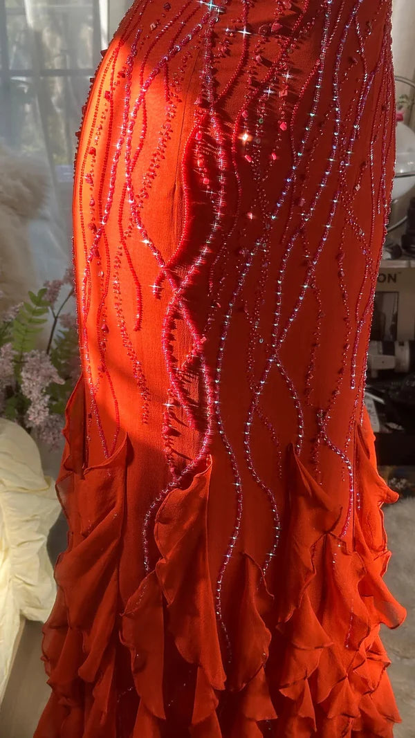 Vintage Evening Dresses, Orange Mermaid Sleeveless Long Party Gowns nv4330