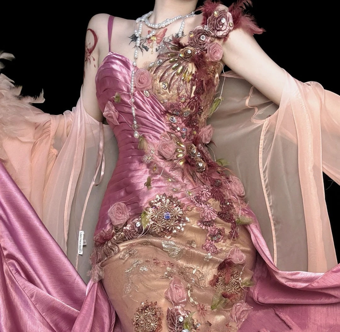 🌸Pink and purple floral beaded long satin ball gown evening dress fairy dress nv4433