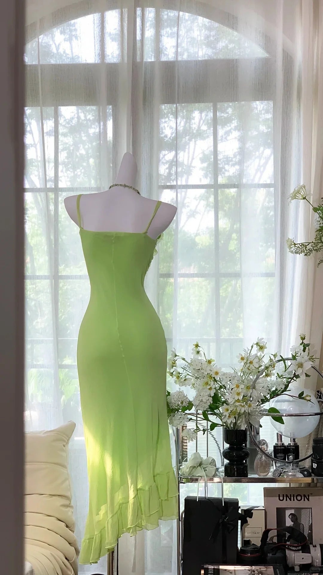 Green Beaded Long Chiffon Mermaid Dress Vintage Party Dress Evening Gown Prom Dress nv4325