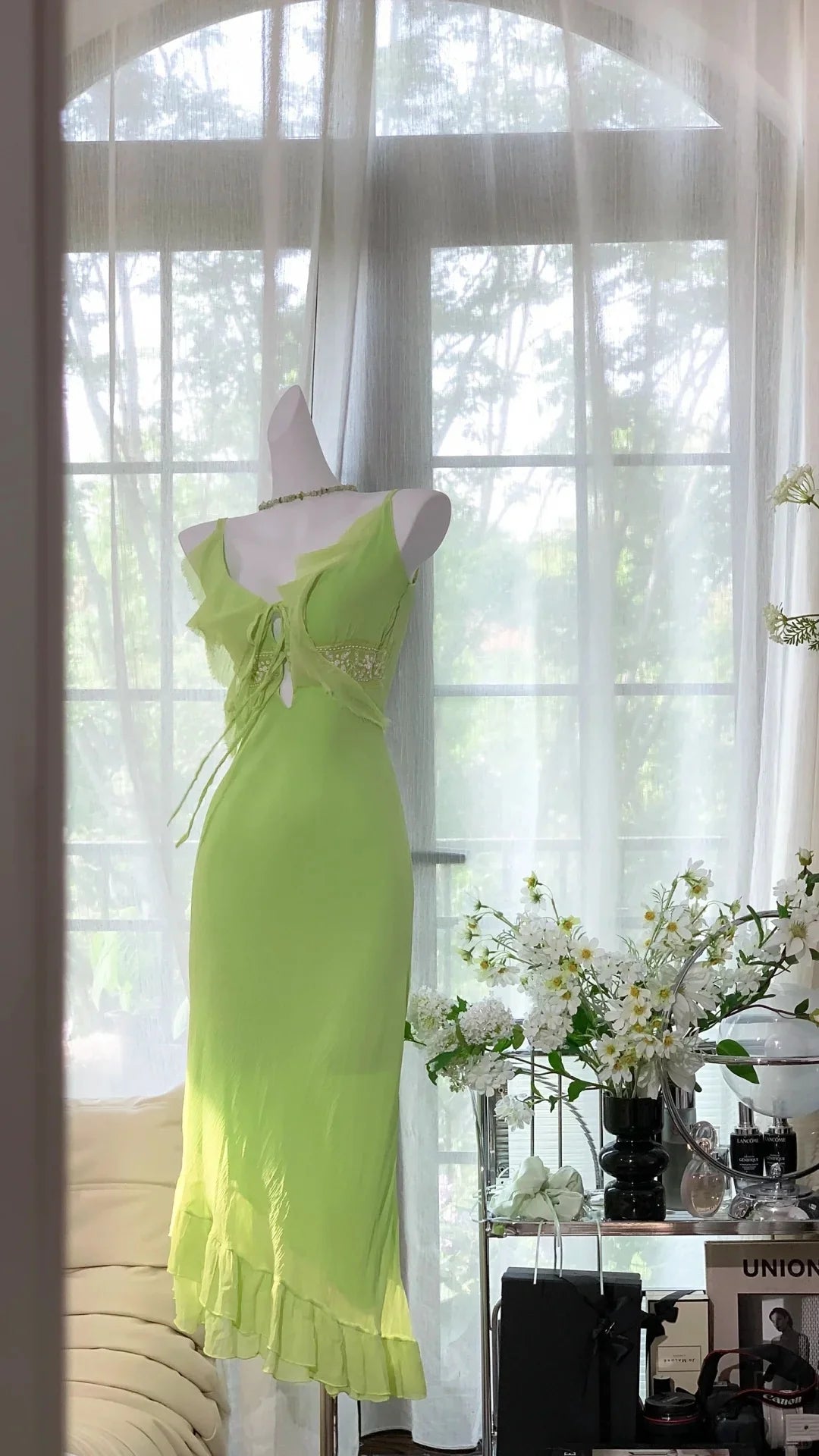 Green Beaded Long Chiffon Mermaid Dress Vintage Party Dress Evening Gown Prom Dress nv4325