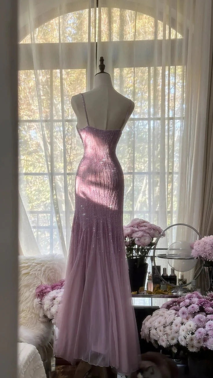 Purple Luxury Gorgeous Elegant Exquisite Beaded Mermaid Spaghetti Straps Long Tulle Sequined Prom Dress Evening Dress Graduation Dress Party Dress nv4031