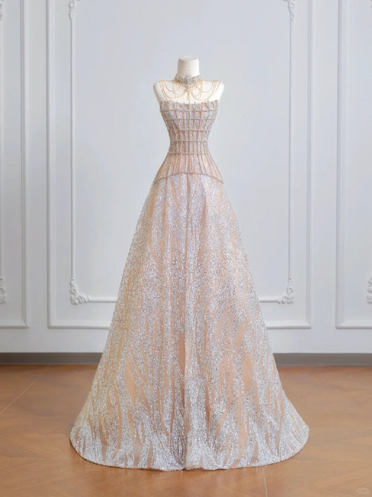 Champagne shiny gorgeous palace princess long tulle floor-length ball gown evening dress graduation dress nv5105