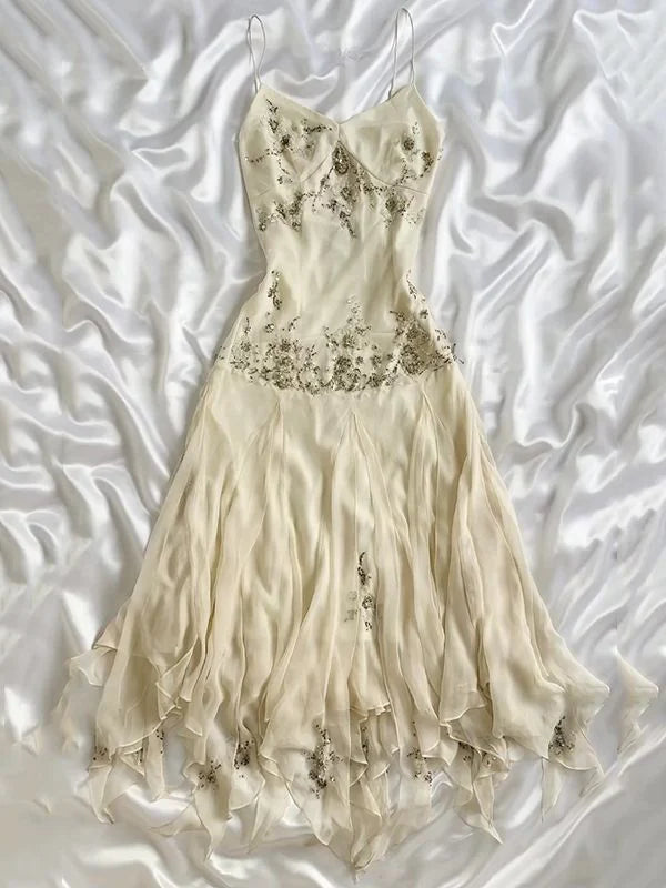 Ivory Beaded Long Chiffon Dress Party Dress Ruffled Evening Dress Ball Gown nv4579