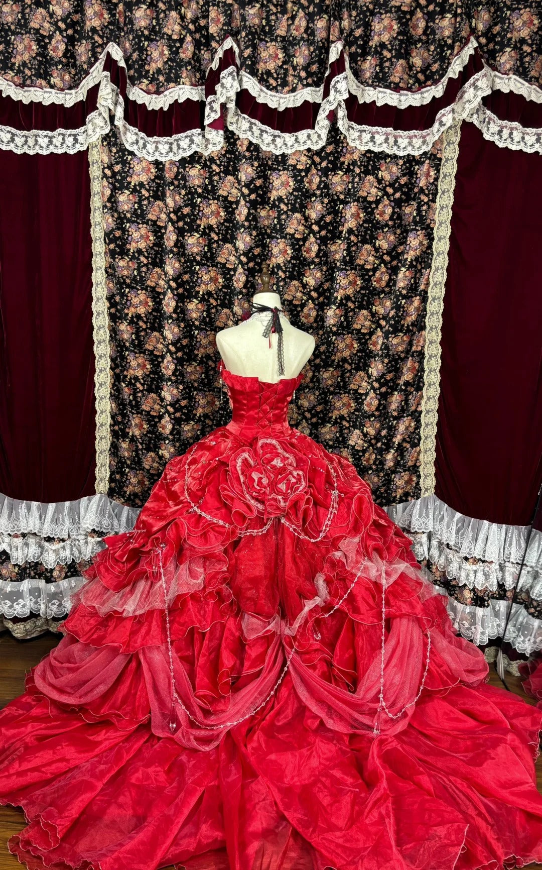 Red floral beaded princess long satin ball gown evening dress quinceanera dress nv4650