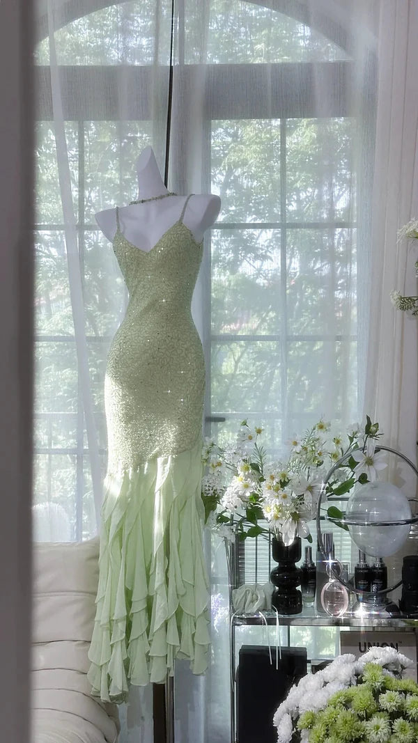 Green Mermaid Formal Dress Vintage Long Chiffon Party Dress Evening Dress Prom Dresses nv4326