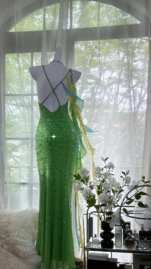 Vintage Evening Dresses, Green Sequin Mermaid Sleeveless Long Party Gowns nv4331