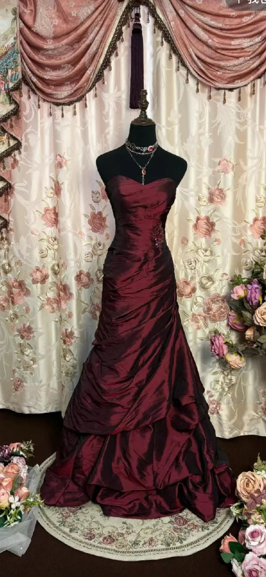 Burgundy rhinestone long satin floor-length ball gown evening dress adult dress nv4424