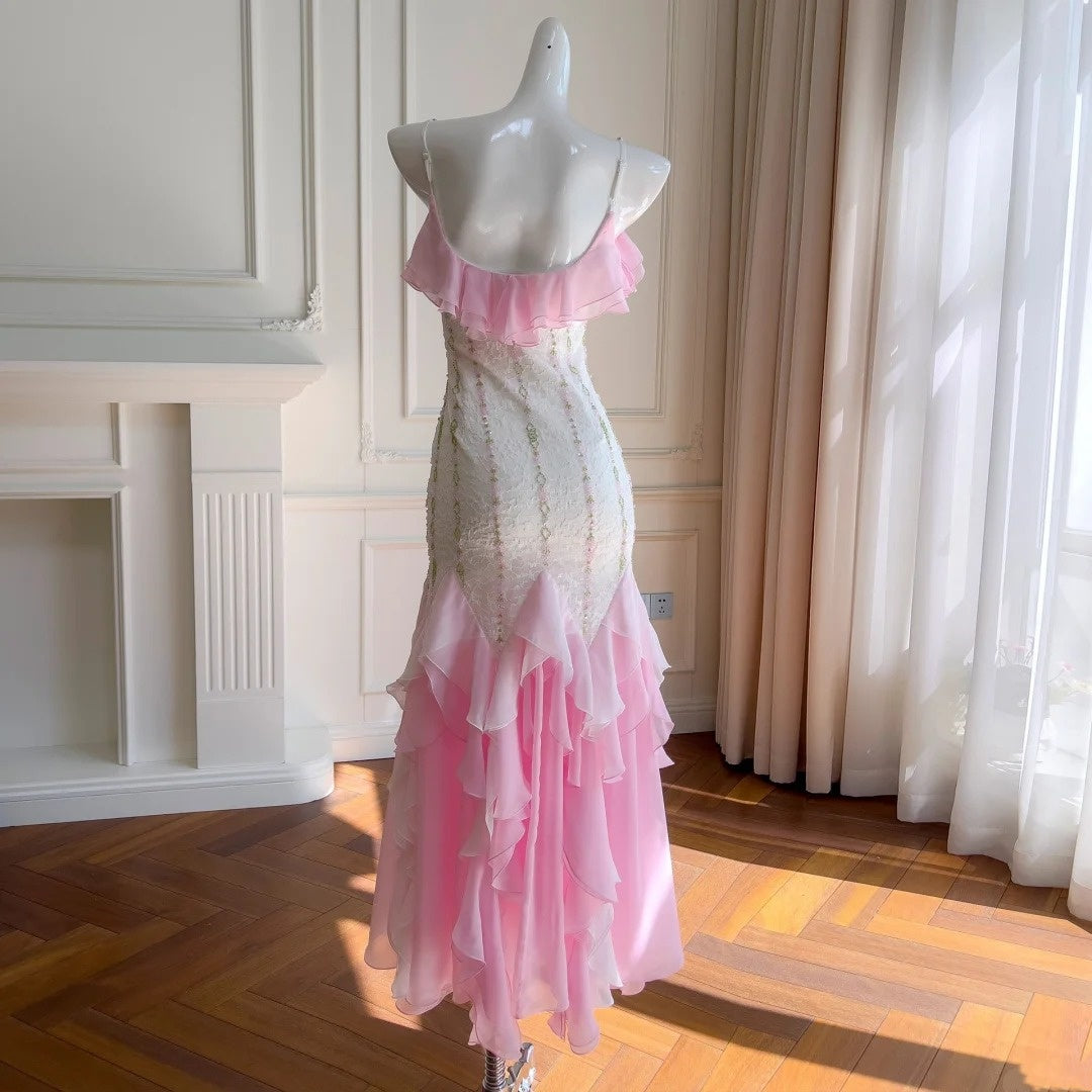 Pink Beaded Long Chiffon Prom Dress Evening Gown Party Dress Graduation Gown nv4671