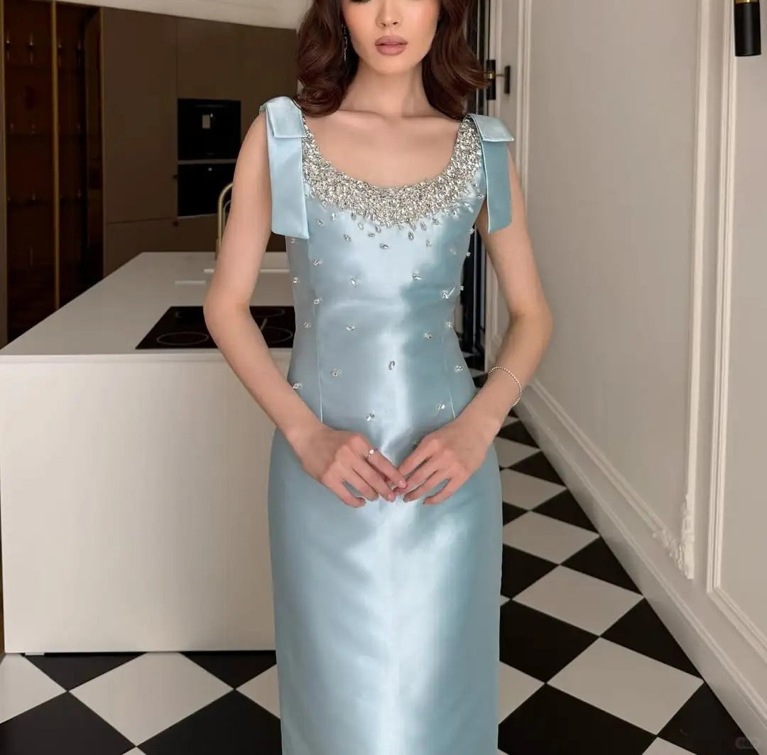 Light Blue Exquisite Beading Long Satin Ball Gown Evening Dress Party Dress nv4170