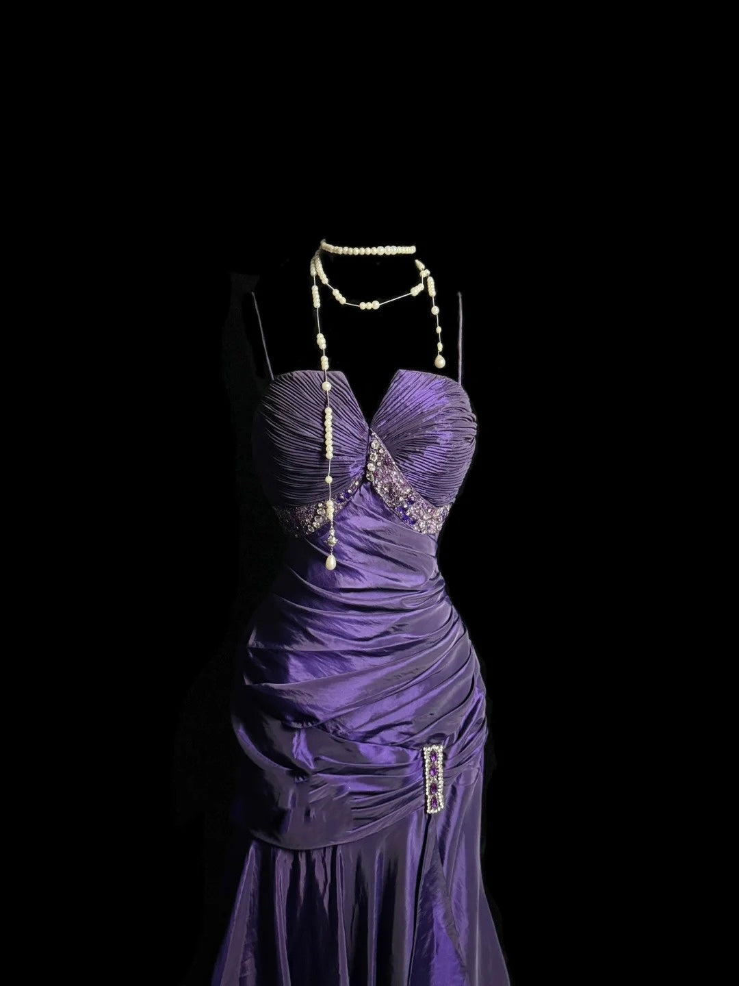 Purple Vintage Exquisite Gem Beads Fashion Elegant Spaghetti Straps Long Floor Length Satin Ball Gown Evening Gown Birthday Dress nv4140