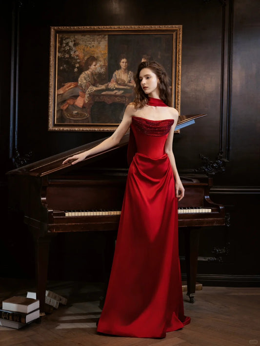 Red prom dress shiny elegant satin long evening gown graduation dress nv4226